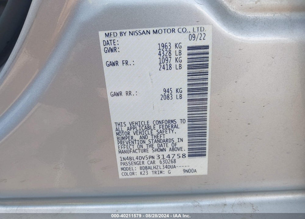 2023 NISSAN ALTIMA SV FWD VIN: 1N4BL4DV5PN314758