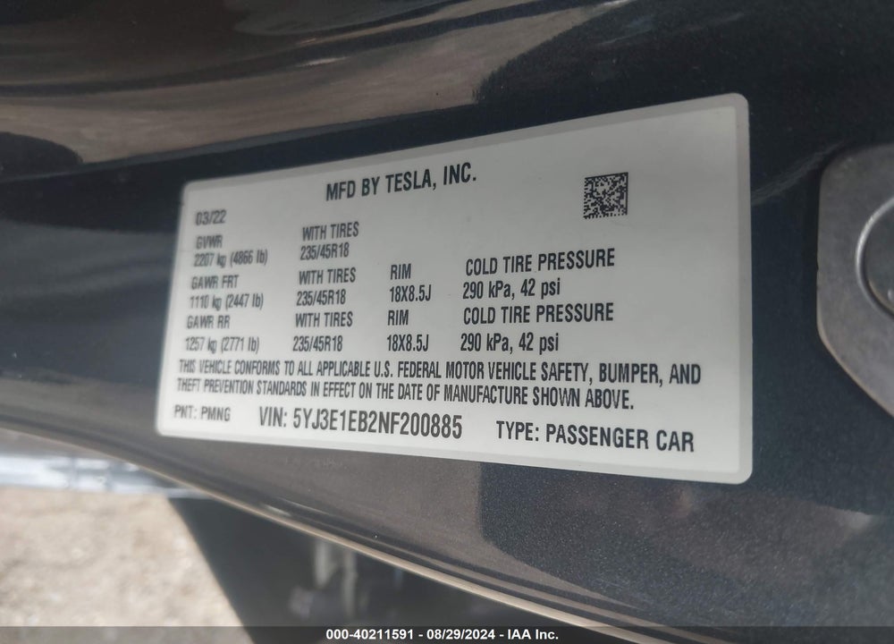 2022 TESLA MODEL 3 LONG RANGE DUAL MOTOR ALL-WHEEL DRIVE VIN: 5YJ3E1EB2NF200885