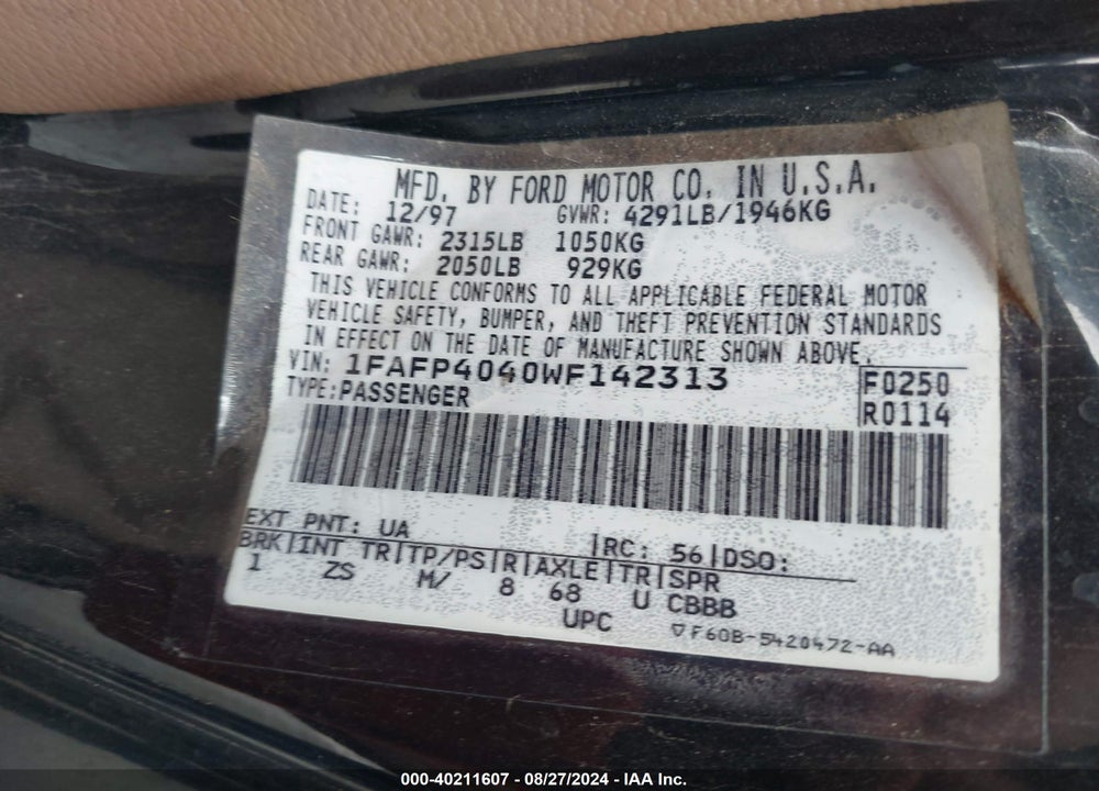 1998 FORD MUSTANG VIN: 1FAFP4040WF142313
