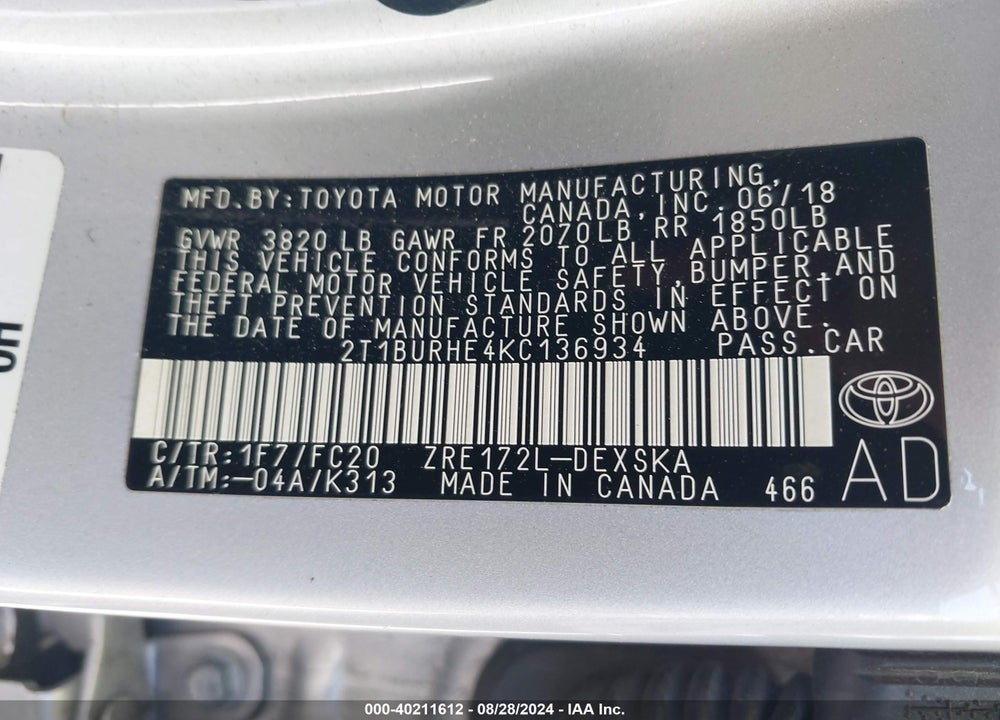 2019 TOYOTA COROLLA SE VIN: 2T1BURHE4KC136934