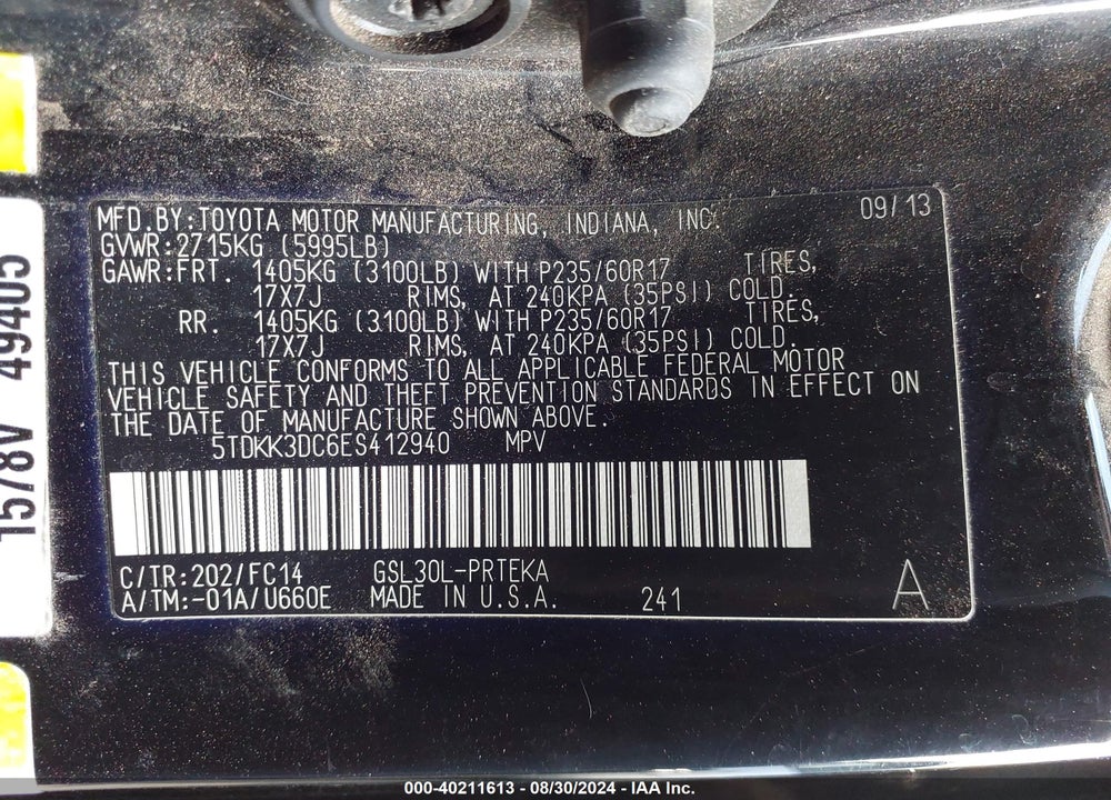 2014 TOYOTA SIENNA LE V6 8 PASSENGER VIN: 5TDKK3DC6ES412940