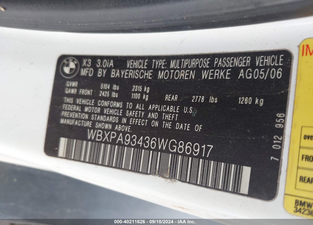 2006 BMW X3 3.0I VIN: WBXPA93436WG86917