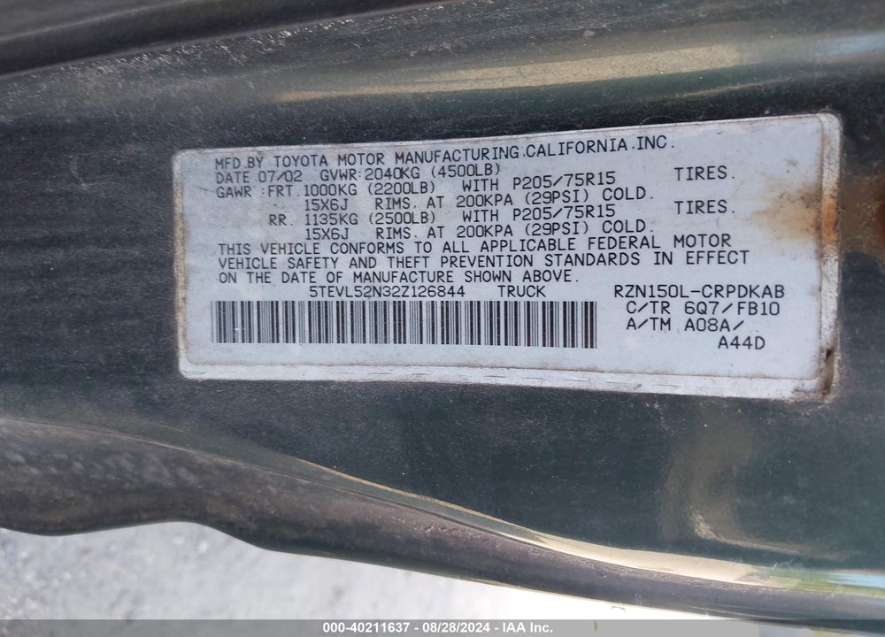 2002 TOYOTA TACOMA VIN: 5TEVL52N32Z126844