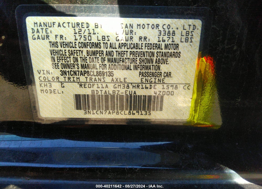 2012 NISSAN VERSA 1.6 SV VIN: 3N1CN7AP8CL869135