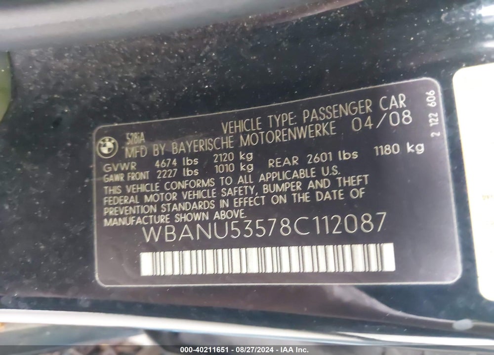 2008 BMW 528I VIN: WBANU53578C112087