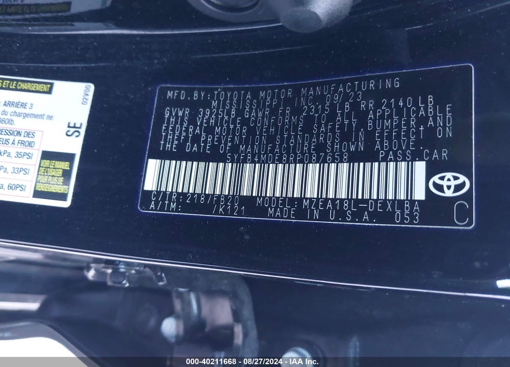 2024 TOYOTA COROLLA LE VIN: 5YFB4MDE8RP087658