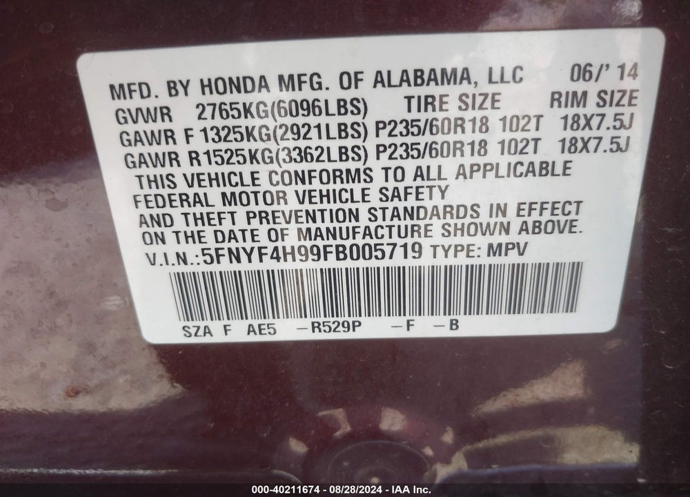 2015 HONDA PILOT TOURING VIN: 5FNYF4H99FB005719