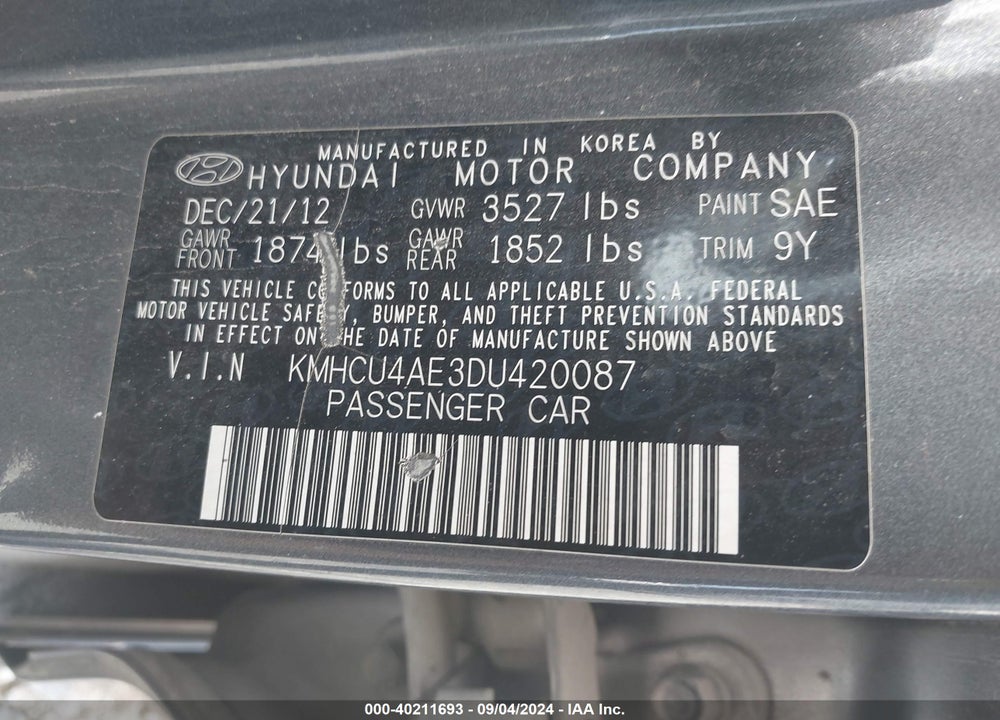 2013 HYUNDAI ACCENT GLS VIN: KMHCU4AE3DU420087
