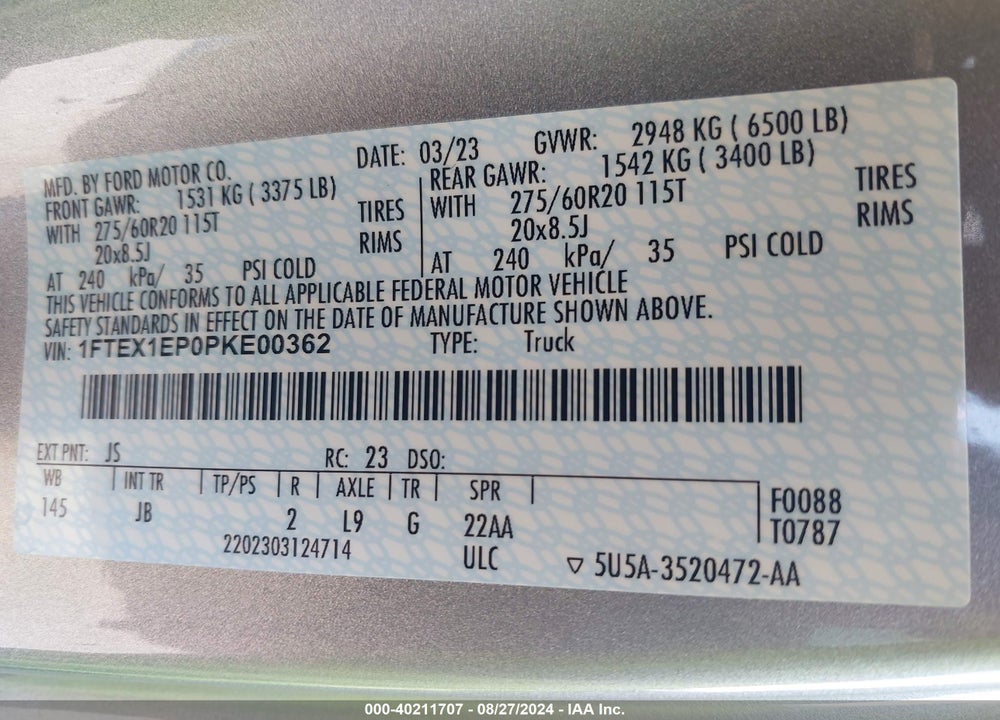 2023 FORD F-150 XL VIN: 1FTEX1EP0PKE00362