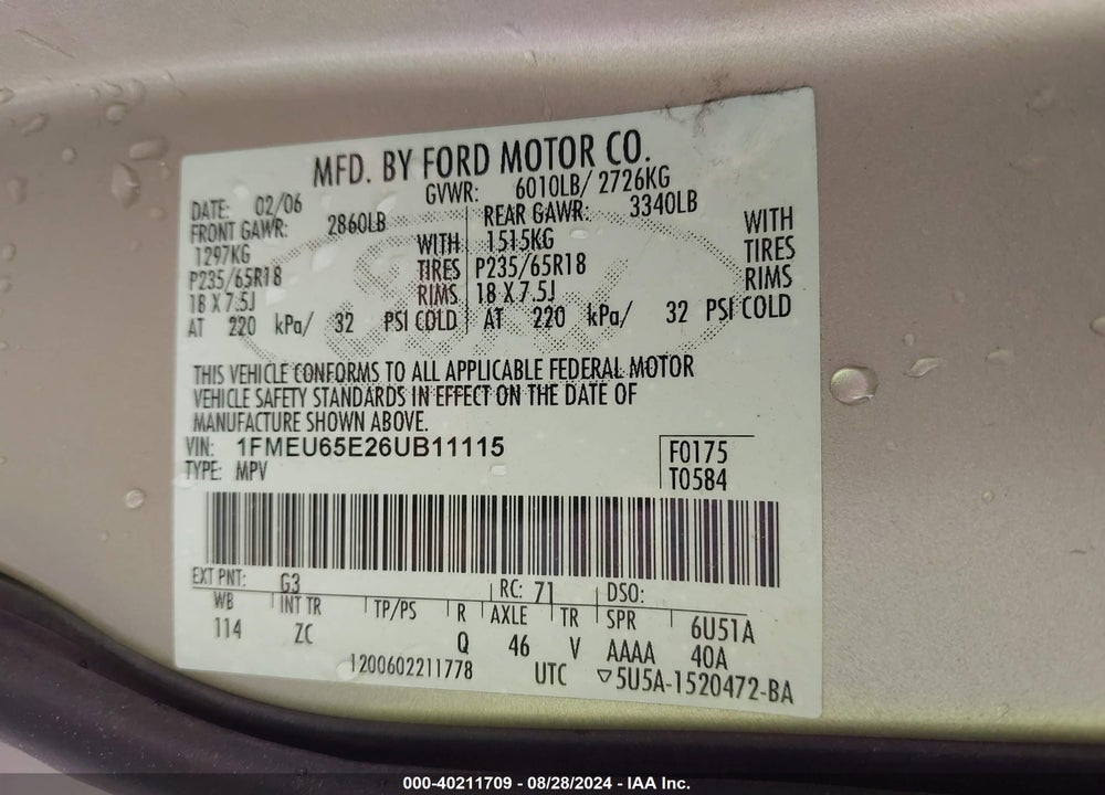 2006 FORD EXPLORER LIMITED VIN: 1FMEU65E26UB11115