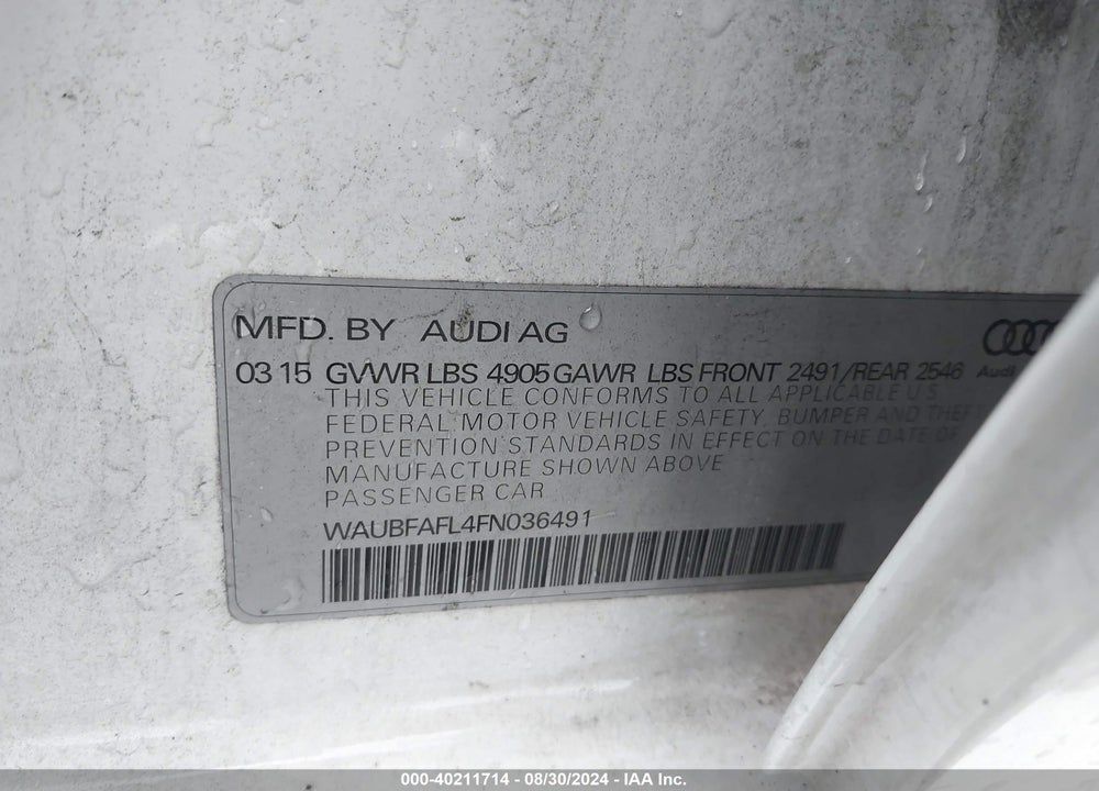 2015 AUDI A4 VIN: WAUBFAFL4FN036491