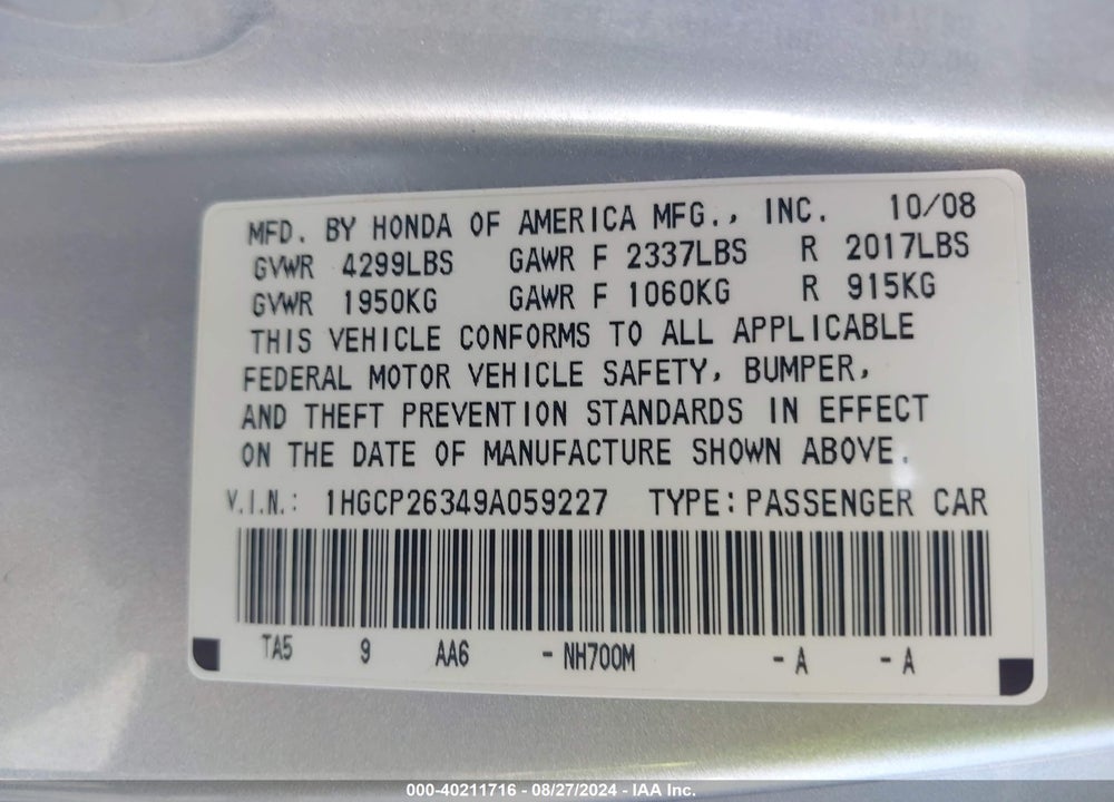 2009 HONDA ACCORD 2.4 LX VIN: 1HGCP26349A059227