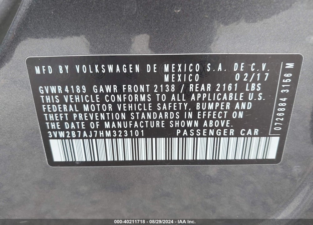 2017 VOLKSWAGEN JETTA 1.4T S VIN: 3VW2B7AJ7HM323101
