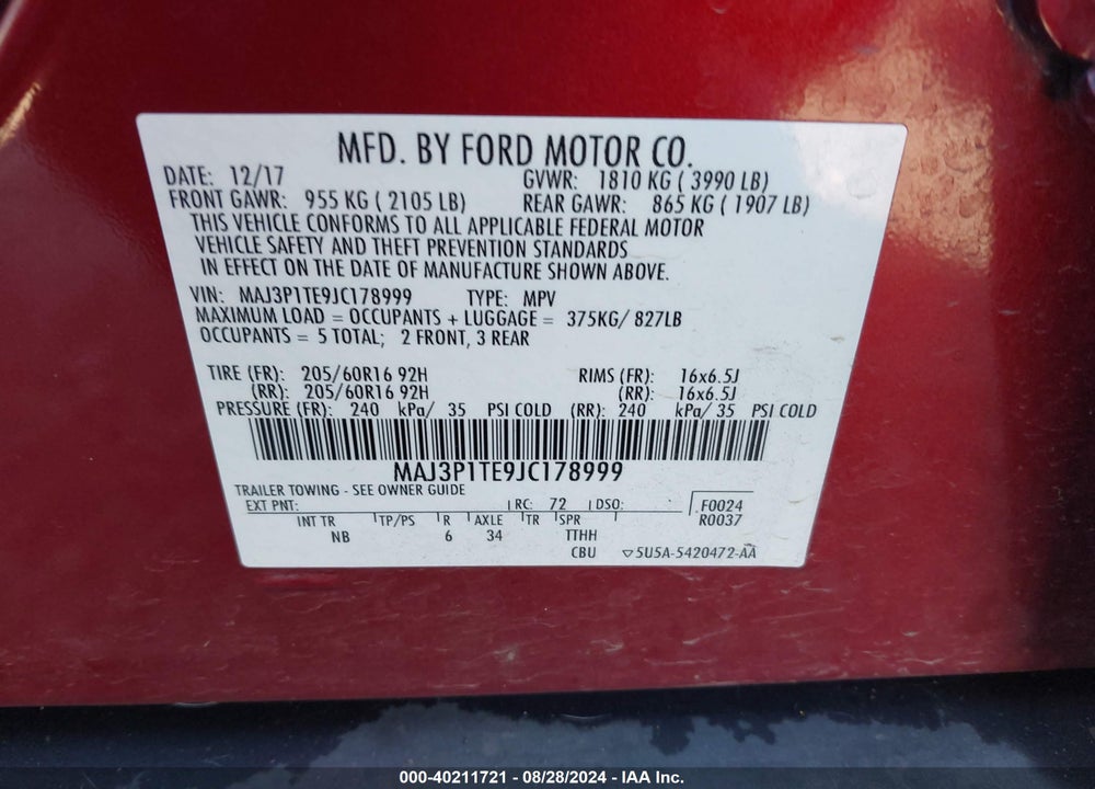 2018 FORD ECOSPORT SE VIN: MAJ3P1TE9JC178999