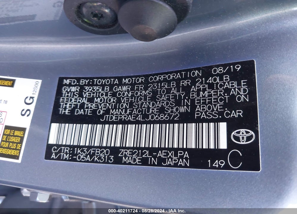 2020 TOYOTA COROLLA LE VIN: JTDEPRAE4LJ068672