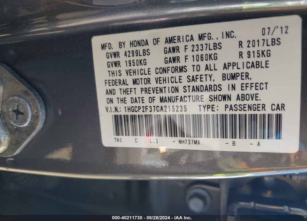 2012 HONDA ACCORD 2.4 LX VIN: 1HGCP2F37CA215235
