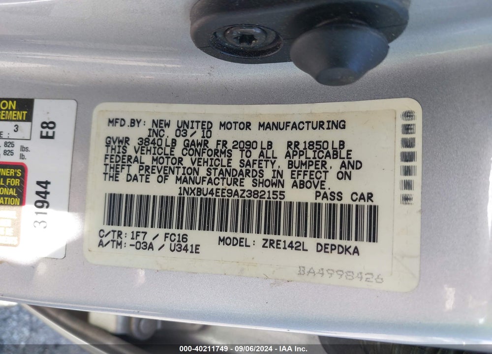2010 TOYOTA COROLLA LE VIN: 1NXBU4EE9AZ382155