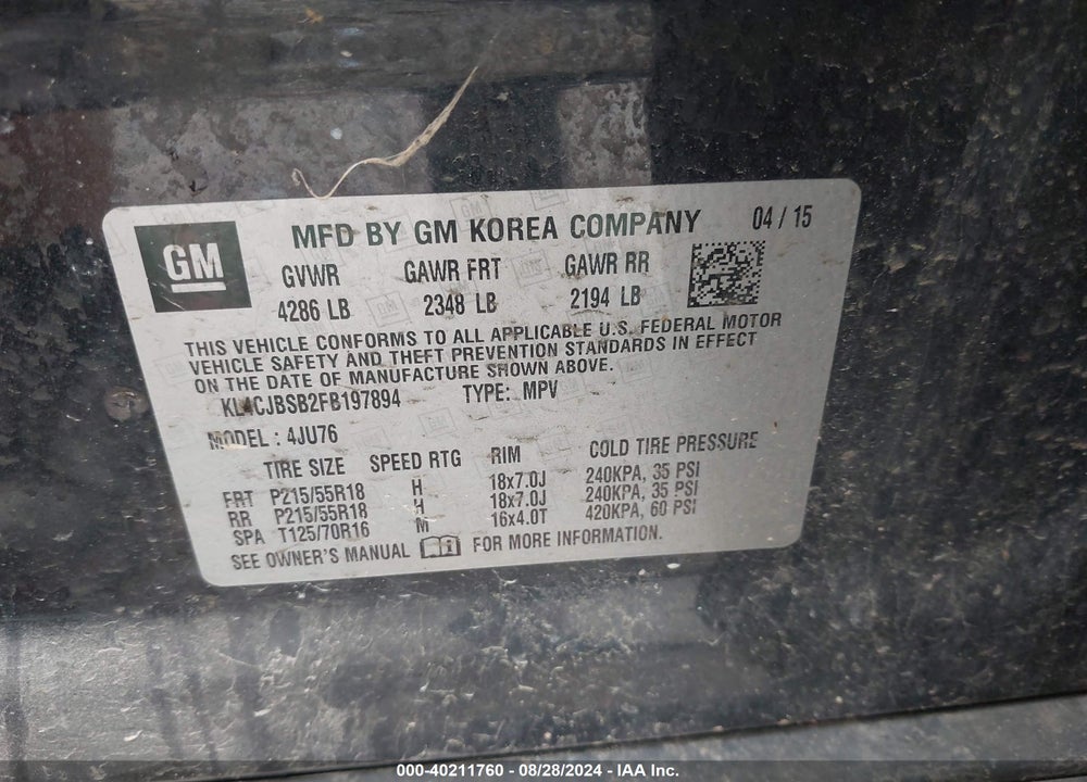 2015 BUICK ENCORE CONVENIENCE VIN: KL4CJBSB2FB197894