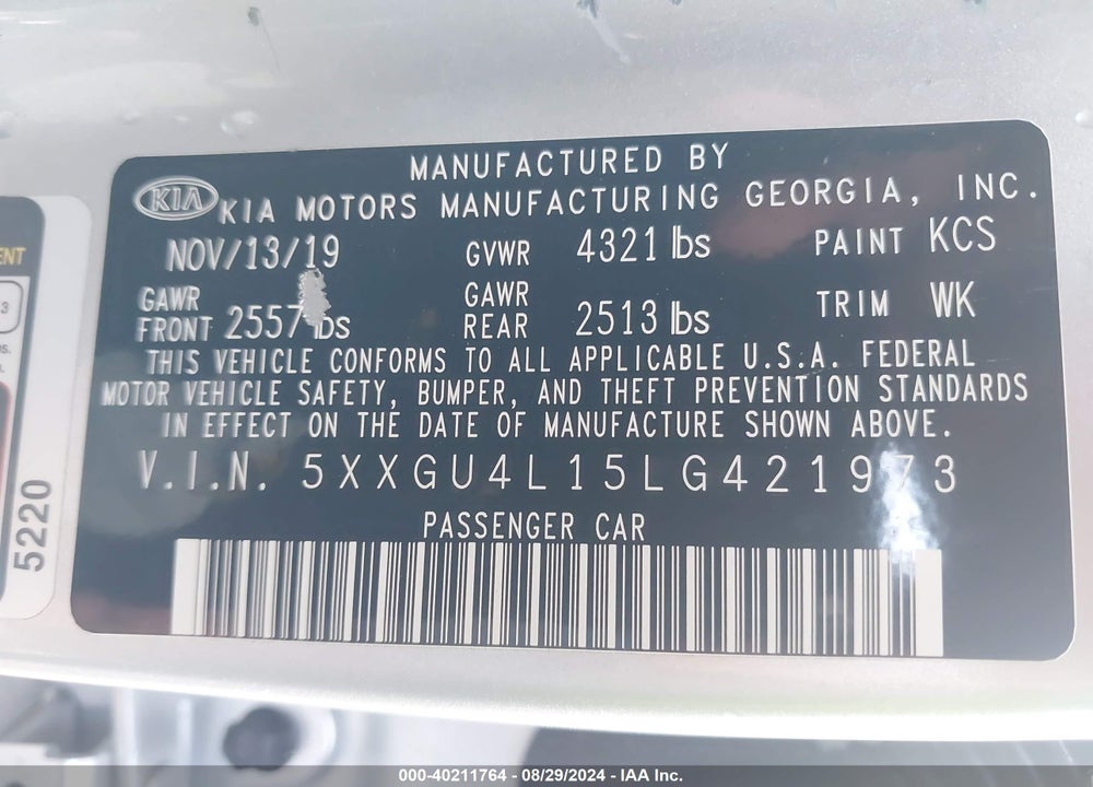 2020 KIA OPTIMA EX PREMIUM VIN: 5XXGU4L15LG421973