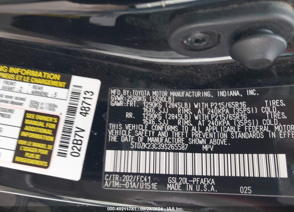 2009 TOYOTA SIENNA LE VIN: 5TDZK23C39S265587