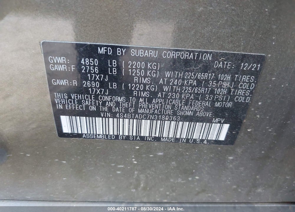 2022 SUBARU OUTBACK PREMIUM VIN: 4S4BTADC7N3180363