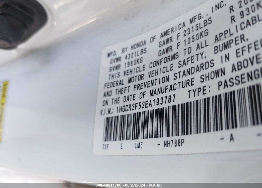 2014 HONDA ACCORD SPORT VIN: 1HGCR2F52EA193787