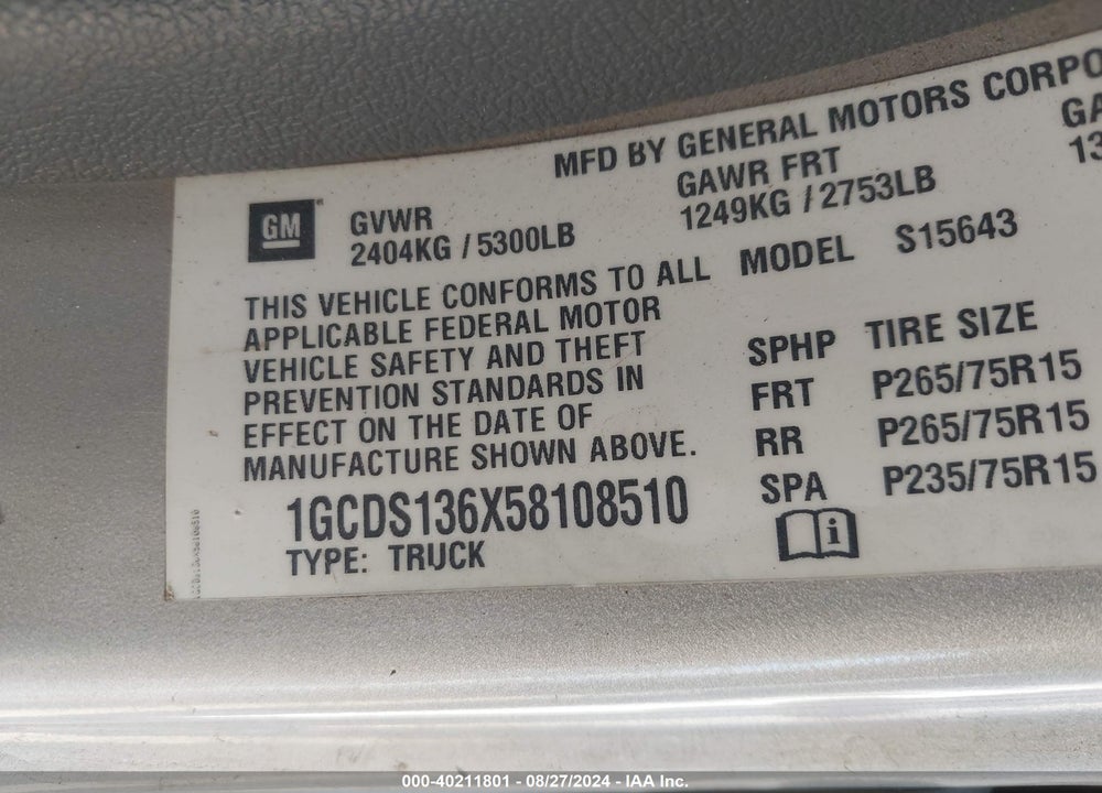 2005 CHEVROLET COLORADO LS VIN: 1GCDS136X58108510