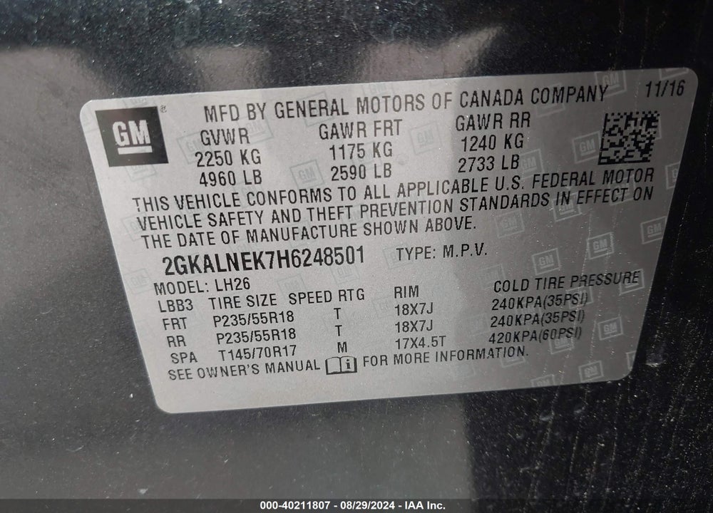 2017 GMC TERRAIN SLE-2 VIN: 2GKALNEK7H6248501