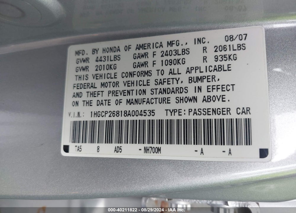 2008 HONDA ACCORD 2.4 EX-L VIN: 1HGCP26818A004535