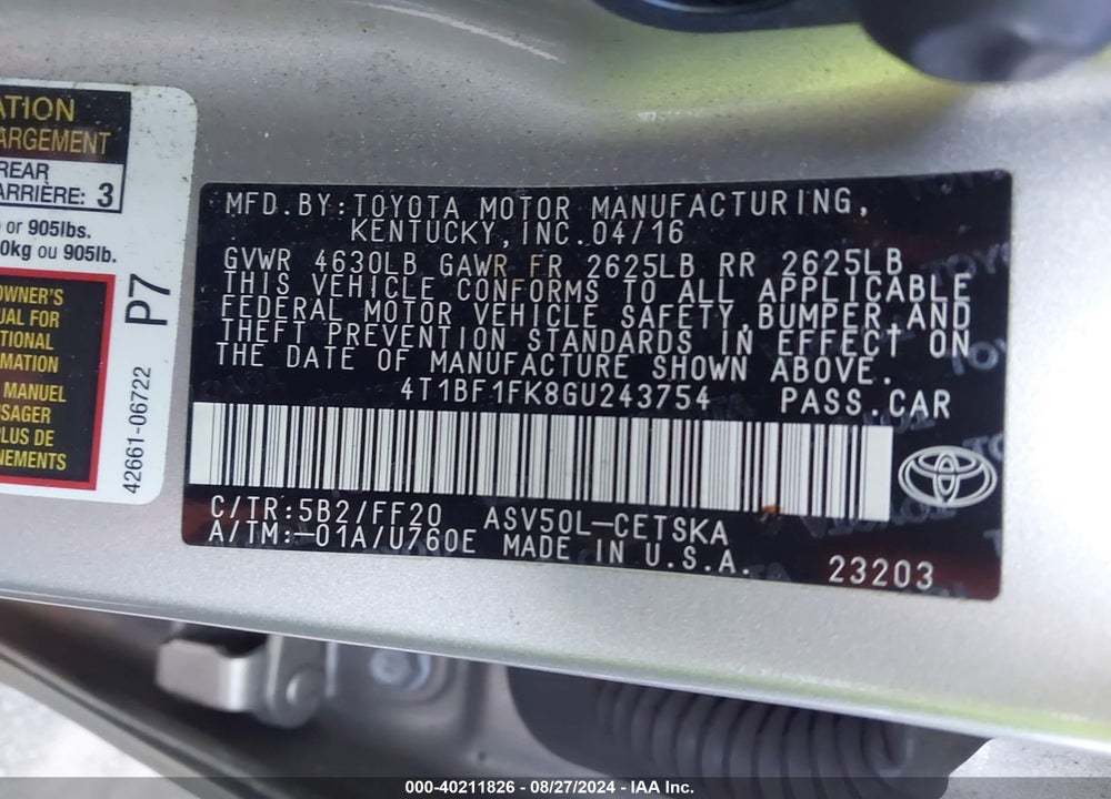2016 TOYOTA CAMRY VIN: 4T1BF1FK8GU243754
