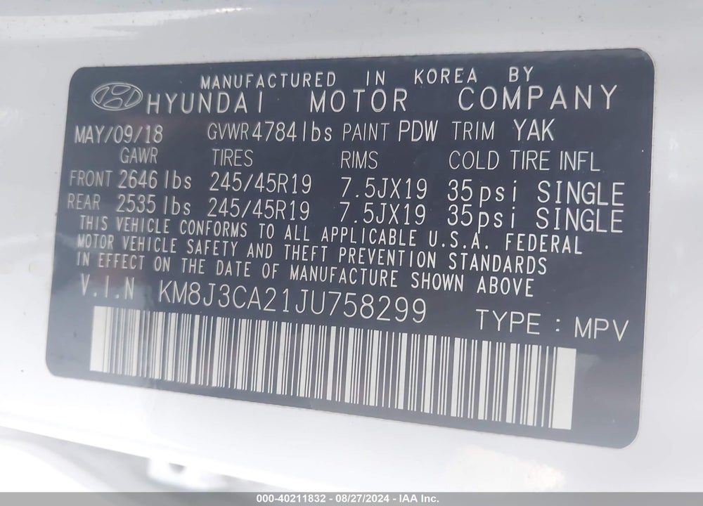 2018 HYUNDAI TUCSON VALUE VIN: KM8J3CA21JU758299