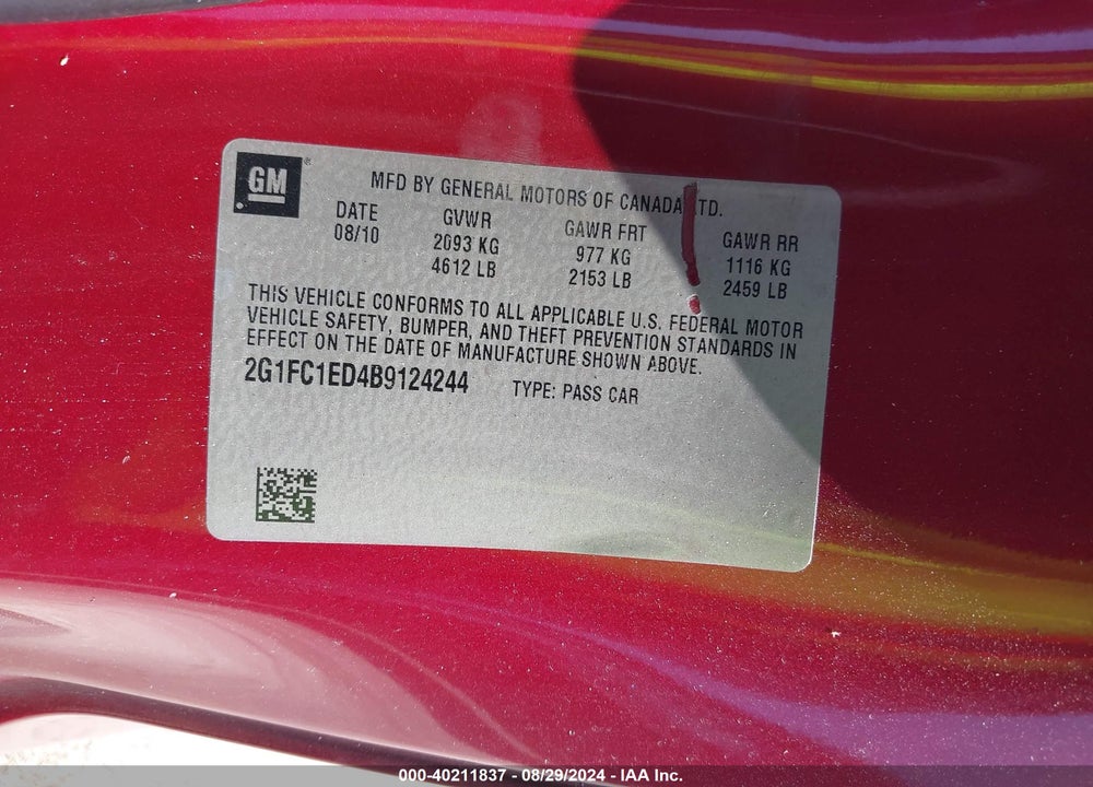 2011 CHEVROLET CAMARO 2LT VIN: 2G1FC1ED4B9124244