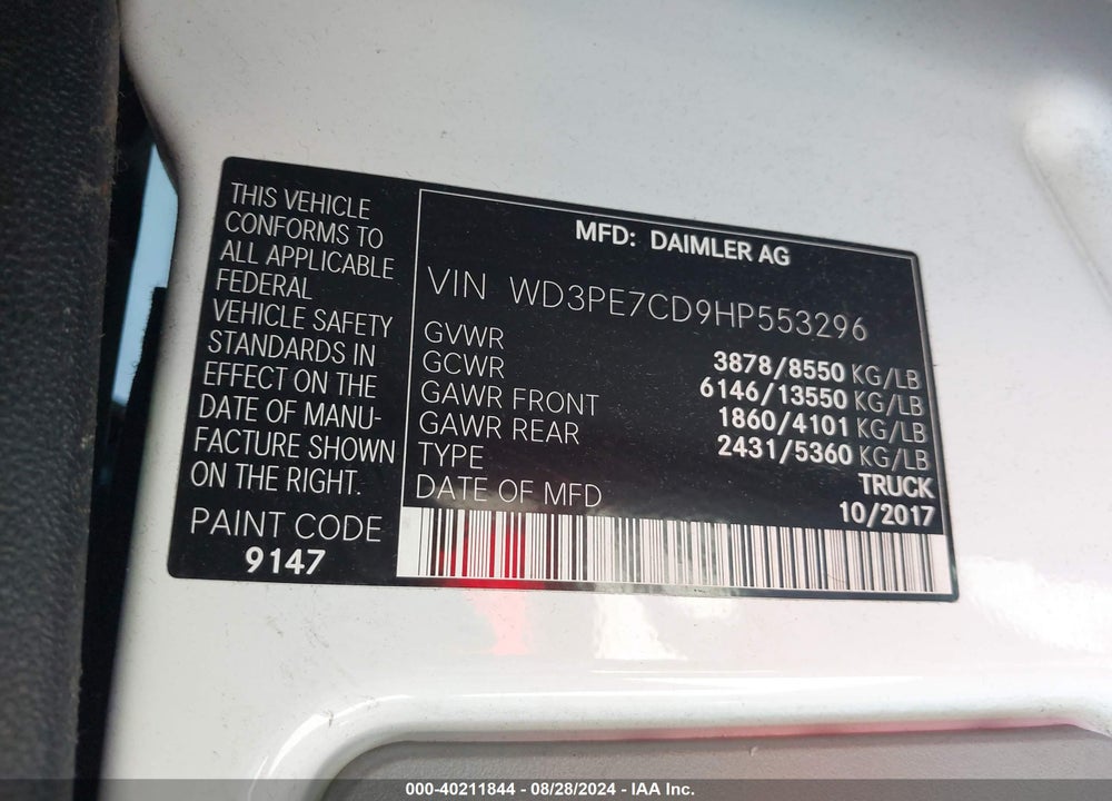 2017 MERCEDES-BENZ SPRINTER 2500 STANDARD ROOF V6 VIN: WD3PE7CD9HP553296