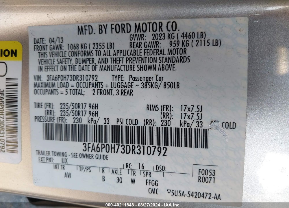 2013 FORD FUSION SE VIN: 3FA6P0H73DR310792