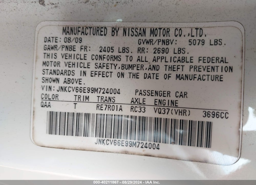 2009 INFINITI G37 VIN: JNKCV66E99M724004