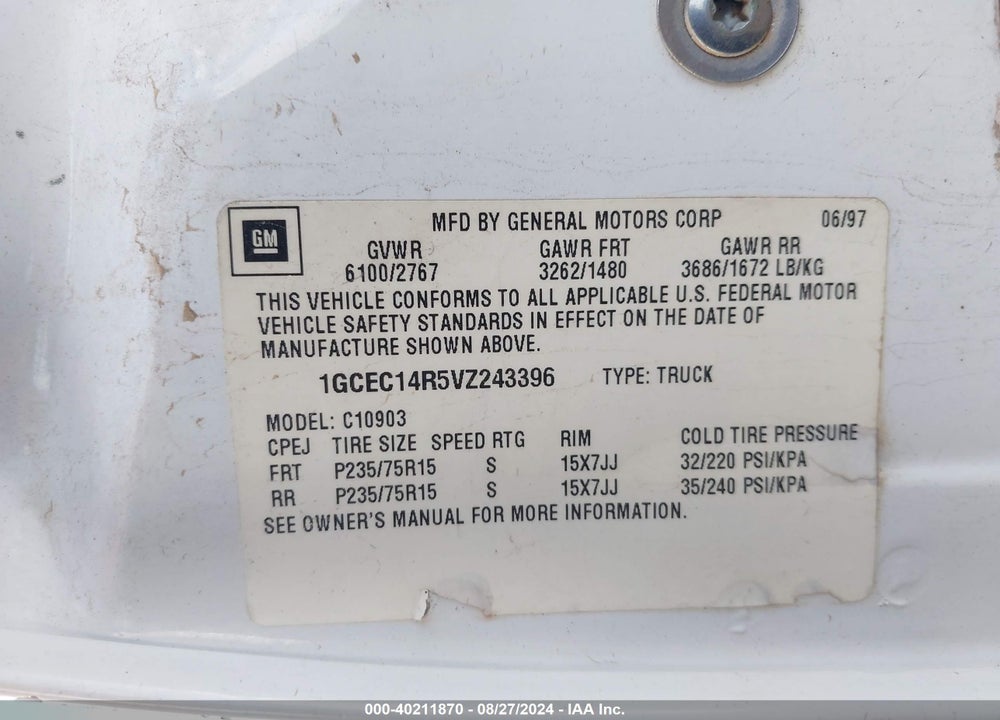 1997 CHEVROLET C1500 FLEETSIDE VIN: 1GCEC14R5VZ243396