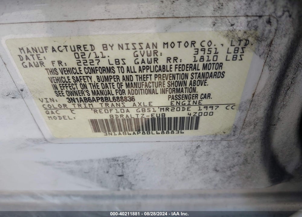 2011 NISSAN SENTRA 2.0S VIN: 3N1AB6AP8BL688836