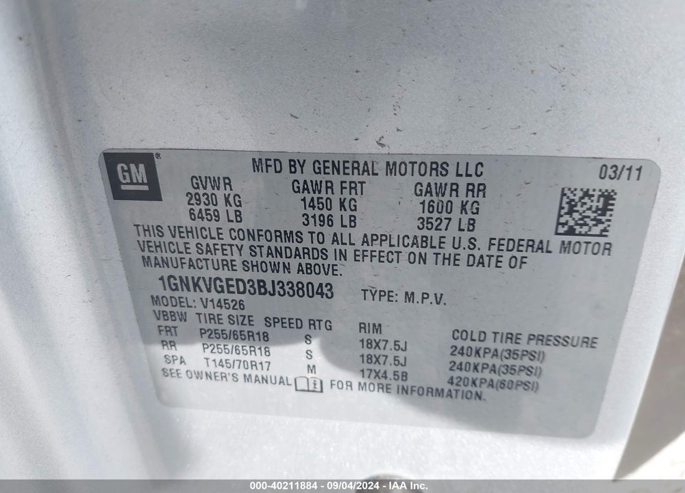 2011 CHEVROLET TRAVERSE 1LT VIN: 1GNKVGED3BJ338043