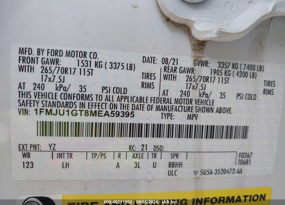 2021 FORD EXPEDITION XL VIN: 1FMJU1GT8MEA59395