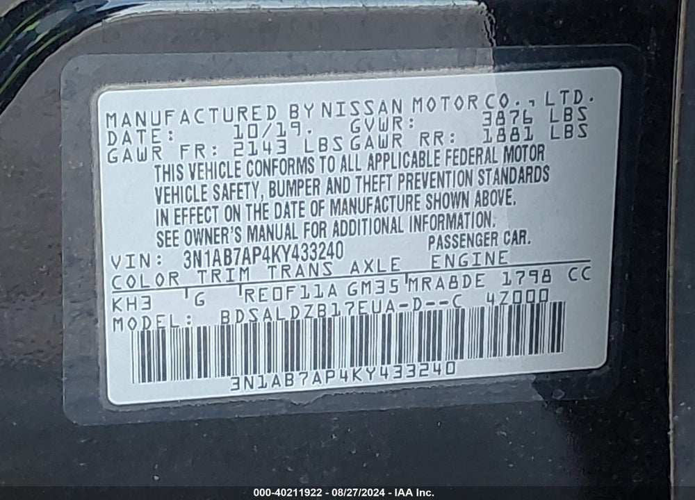 2019 NISSAN SENTRA SV VIN: 3N1AB7AP4KY433240