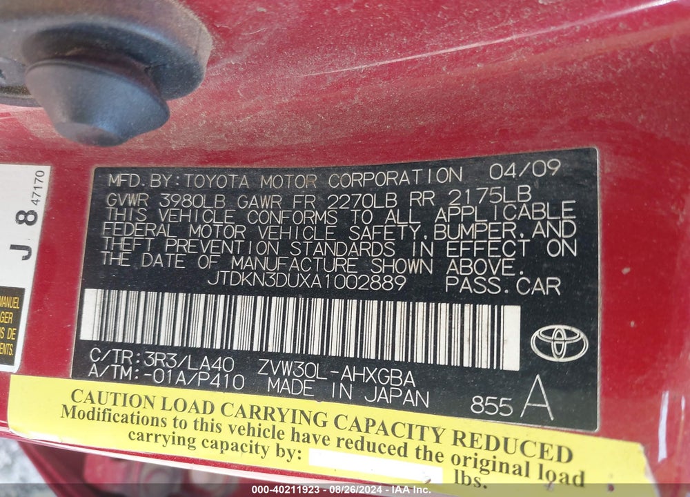 2010 TOYOTA PRIUS IV VIN: JTDKN3DUXA1002889