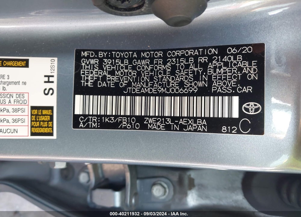 2021 TOYOTA COROLLA HYBRID LE VIN: JTDEAMDE9MJ006699