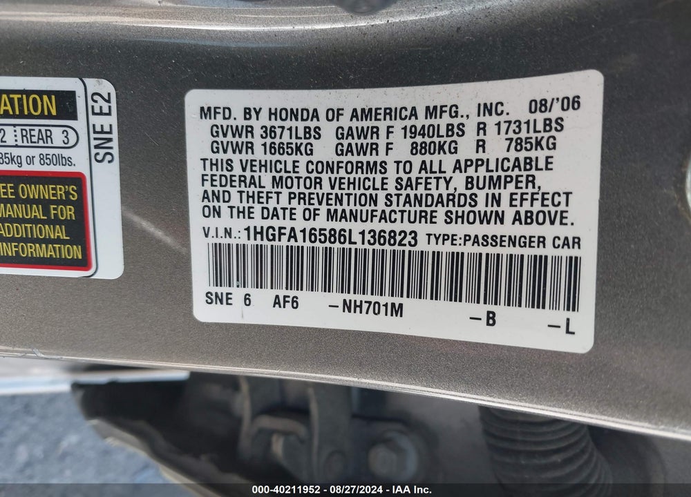 2006 HONDA CIVIC LX VIN: 1HGFA16586L136823