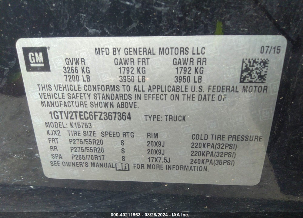 2015 GMC SIERRA 1500 VIN: 1GTV2TEC6FZ367364