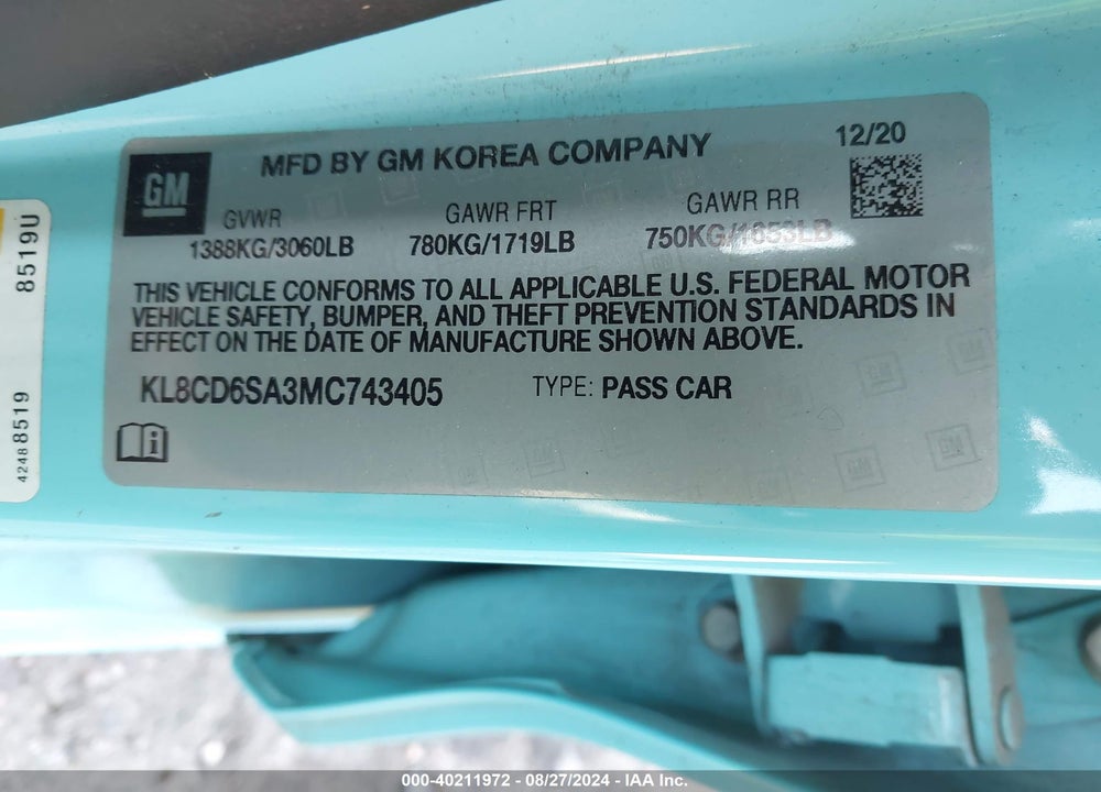 2021 CHEVROLET SPARK FWD 1LT AUTOMATIC VIN: KL8CD6SA3MC743405