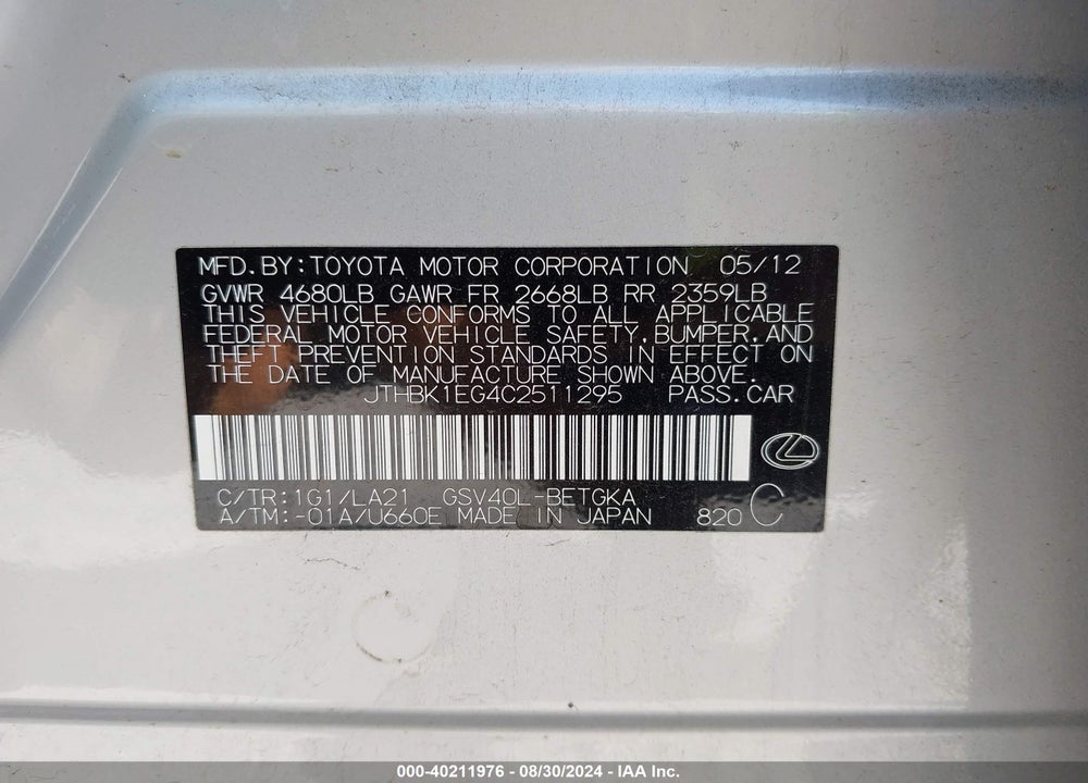 2012 LEXUS ES 350 VIN: JTHBK1EG4C2511295