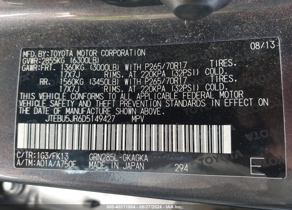 2013 TOYOTA 4RUNNER SR5 VIN: JTEBU5JR6D5149427