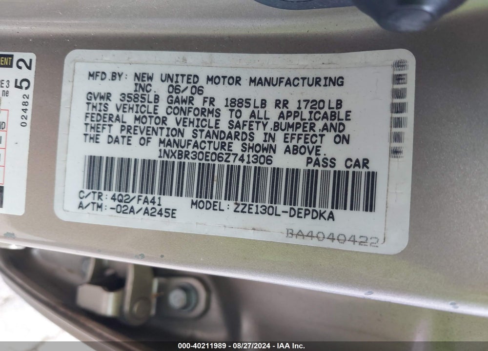 2006 TOYOTA COROLLA CE VIN: 1NXBR30E06Z741306