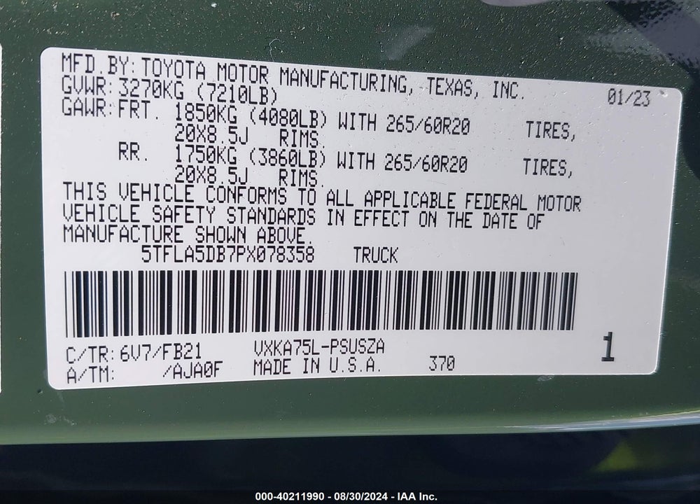 2023 TOYOTA TUNDRA SR5 VIN: 5TFLA5DB7PX078358