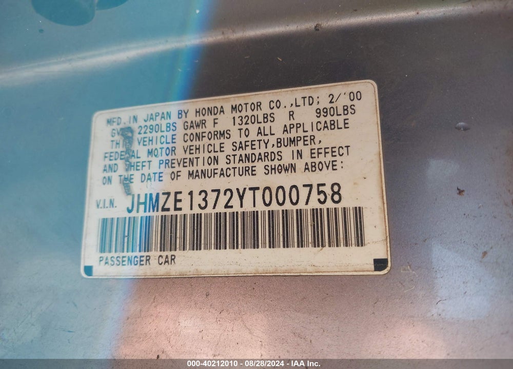 2000 HONDA INSIGHT VIN: JHMZE1372YT000758